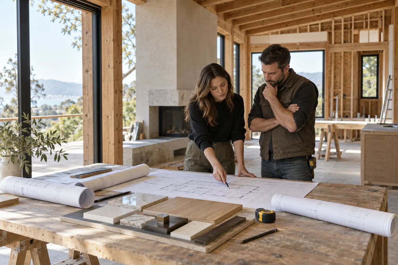 Designer and builder reviewing plans and material samples during a residential renovation